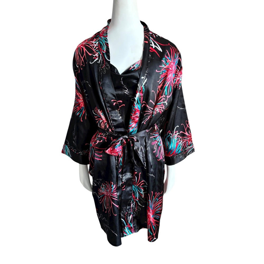 La Vie En Rose Black Floral Print Satin Robe Kimono, Cami Slip Dress Set Sz S/M